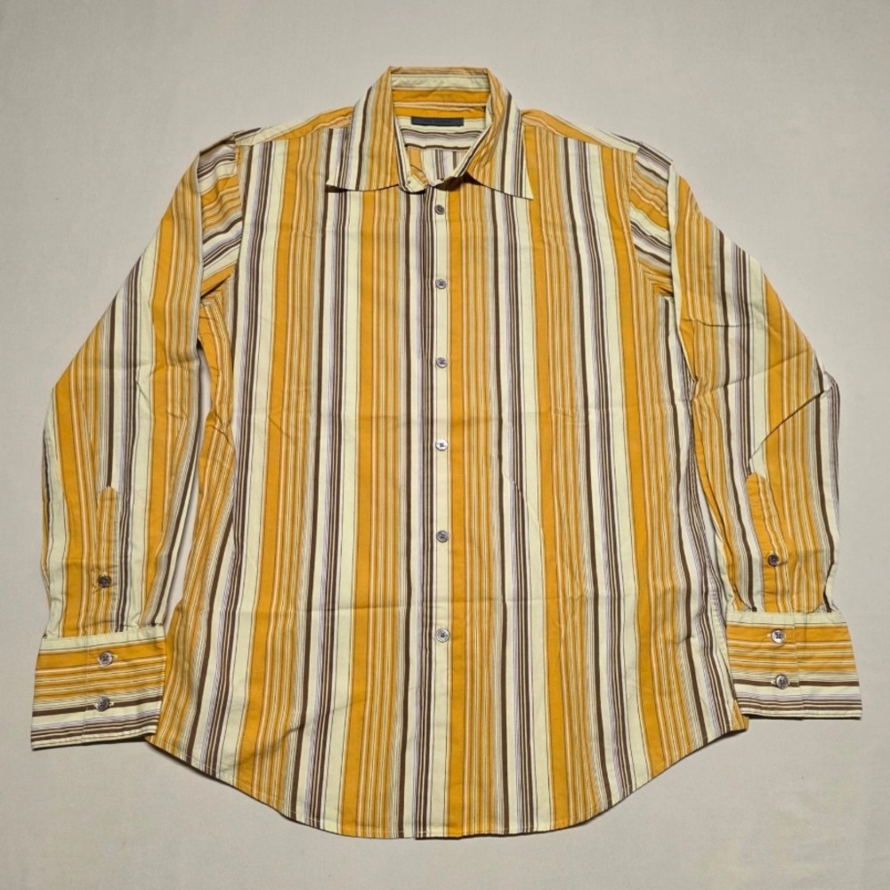 John Varvatos Men Medium Mustard Striped Long Sleeve Button Up Shirt Slim Casual